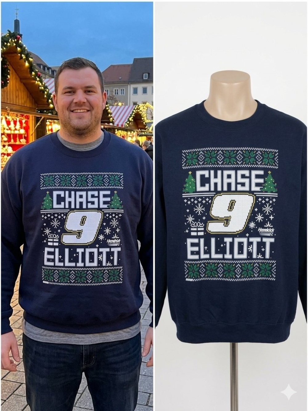 Chase Elliott Navy Crewneck Sweater with Holiday Racing Logo • Size XXL